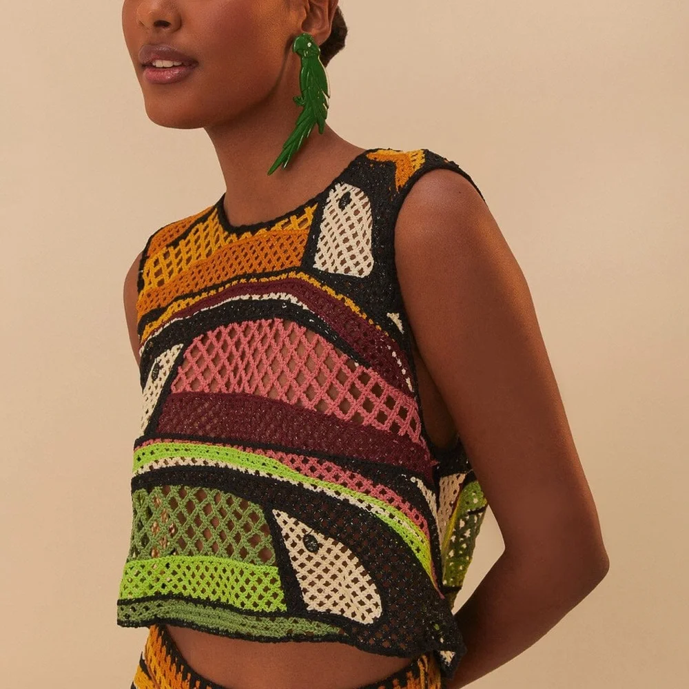 NWT Farm Rio Multicolor Toucan Tree Crochet Top - Picture 1 of 4
